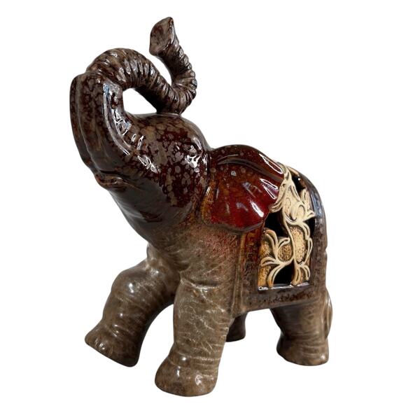 Vintage Ceramic Elephant Figurine Brown Red Glazed Filigree Cutout 7” Trunk Up - Picture 2 of 12